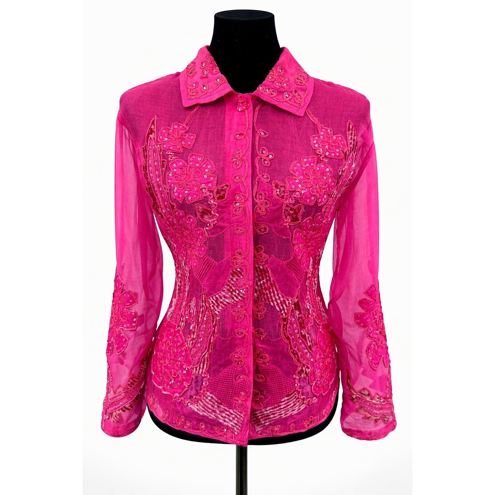 Sandy Starkman‎ Womens Button Up Sheer Blouse Large Pink Embroidered Applique